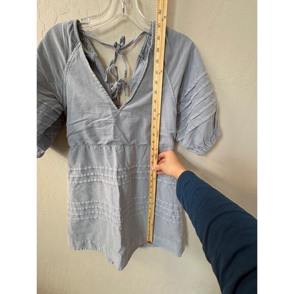7 For All Mankind Sz S Denim Chambray Tie-Back‎ Babydoll Mini Puff Sleeve Dress - Picture 2 of 11